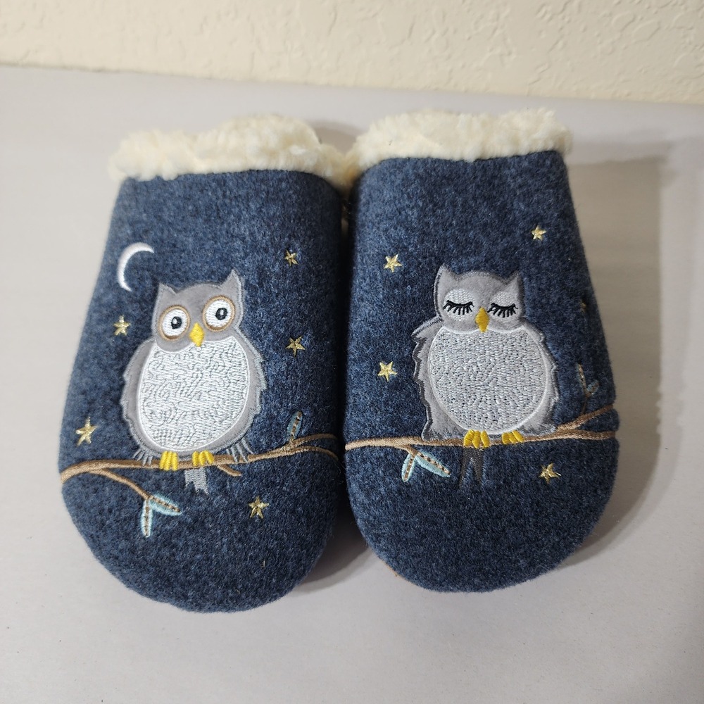 Lands End Womens 9B Owl Embroidered Felt Scuff Slippers Navy Blue Faux Shearling
